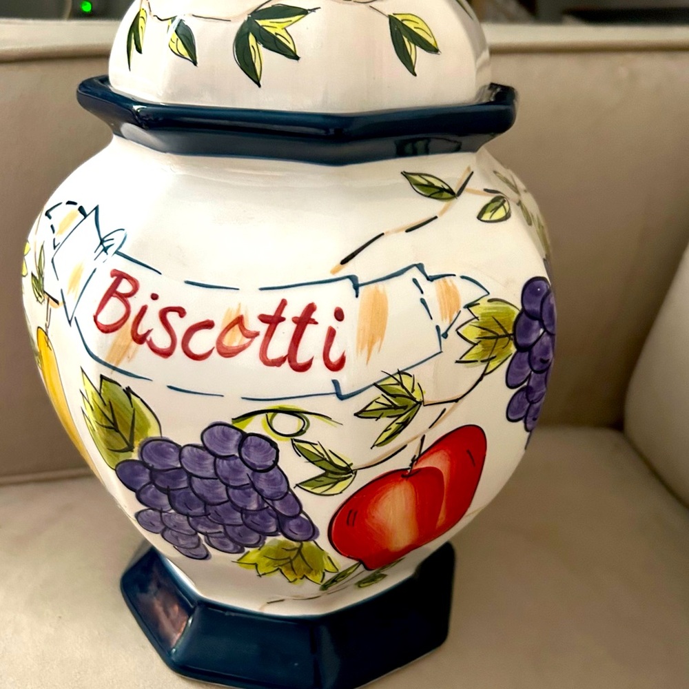 Rare Colorful Biscotti Biscuits Ceramic Jar Purple White Red Fruit Kitchen Decor